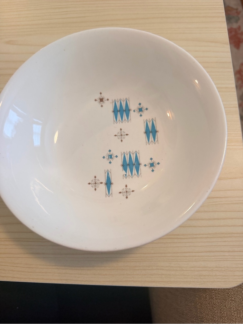 Vintage Mid Century Modern White Ceramic Bowl with Teal Geometric Pattern